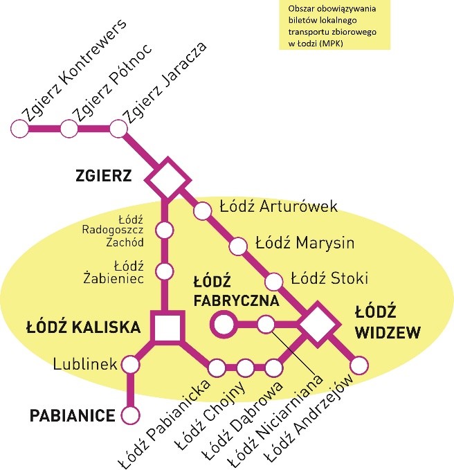 Schemat obowiązywania wzajemnego honorowania biletów w Łodzi, strefa honorowania biletów MPK ograniczona stacjami Łódź Radogoszcz Zachód, Lublinek, Łódź Andrzejów i Łódź Arturówek